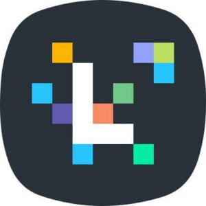 The letter l in a circle adorned with vibrant squares.